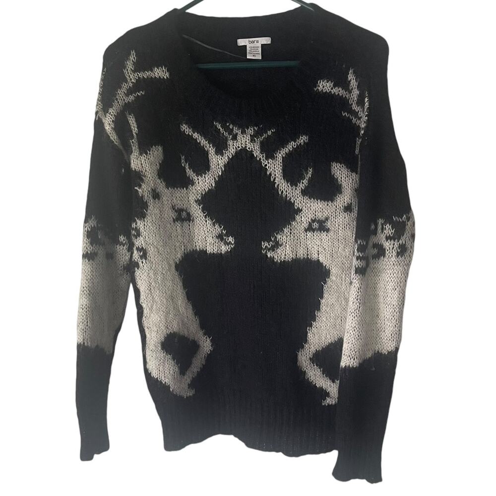 Bar III Women's Size XS Mohair‎ Reindeer Holiday Black White Sweater